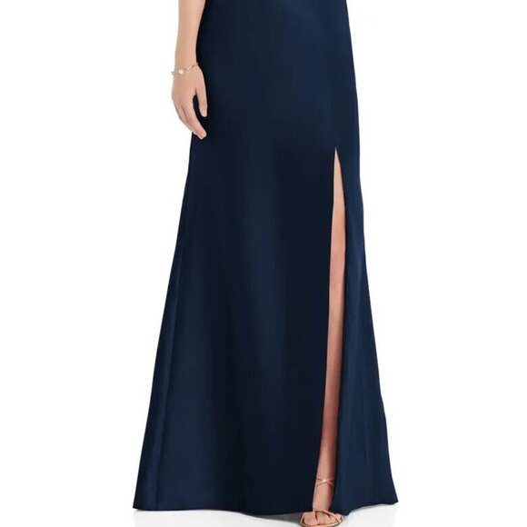 Alfred Sung Midnight Blue Draped One-Shoulder Satin Trumpet Gown D827 - Picture 2 of 6